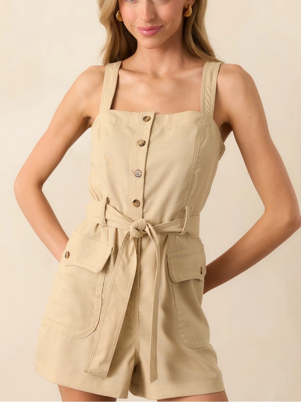 OUT AND ABOUT BEIGE BUTTON FRONT LINEN BLEND ROMPER